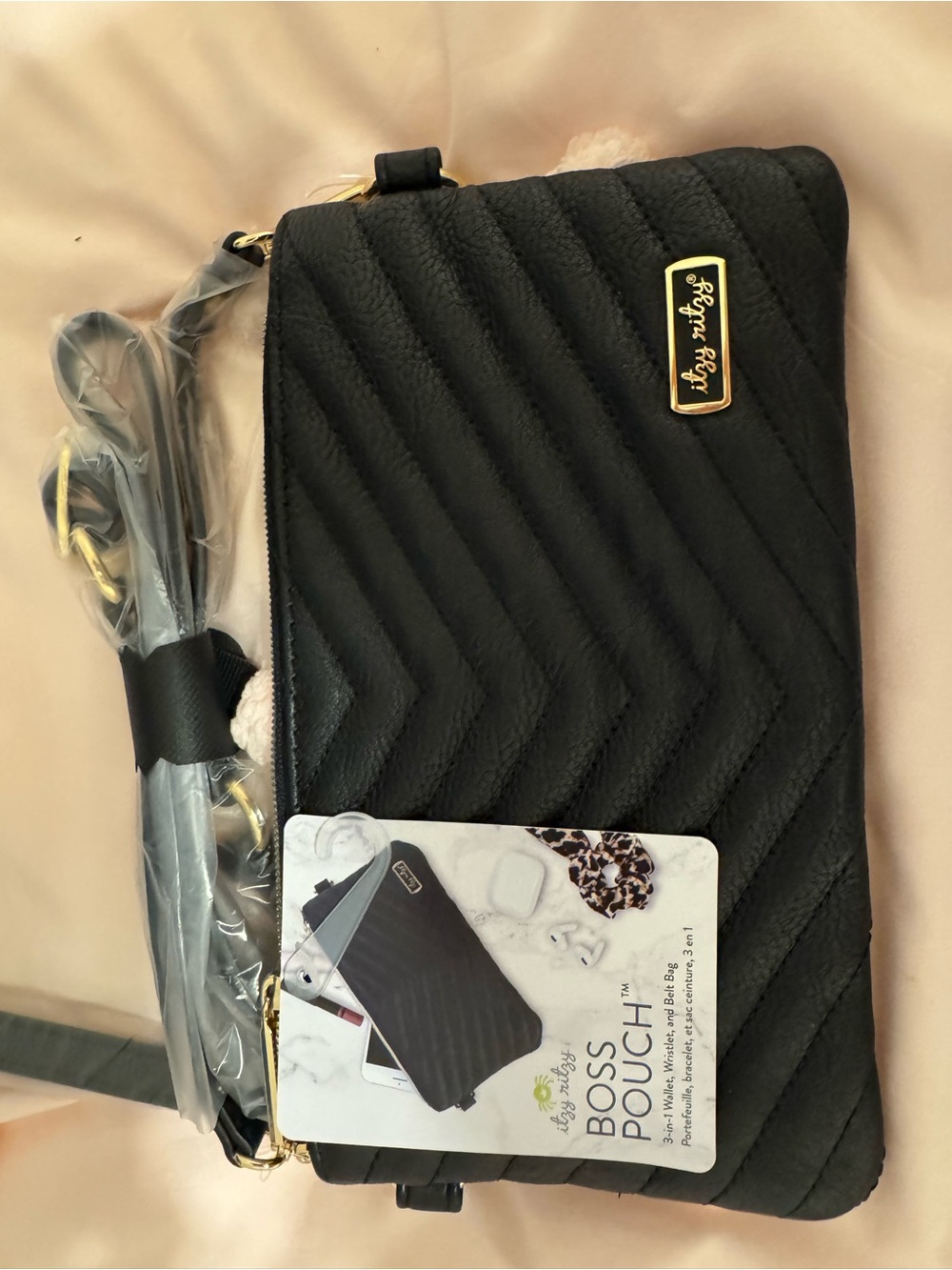 Itzy Ritzy Black Quilted Crossbody Boss Pouch with Gold Logo